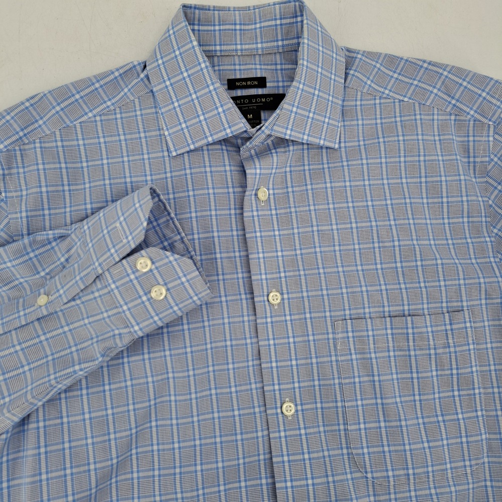 Pronto Uomo Dress Shirt Mens M 100% Cotton Blue Plaid Non Iron Long Sleeve